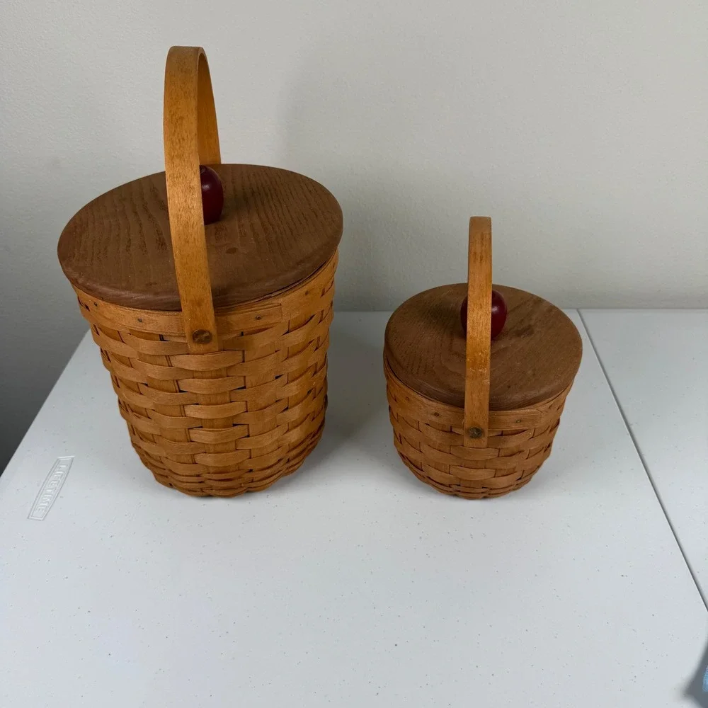Vintage 1992 Longaberger Apple Fruit Basket Set of 2 Wooden Lids Plastic Liners
